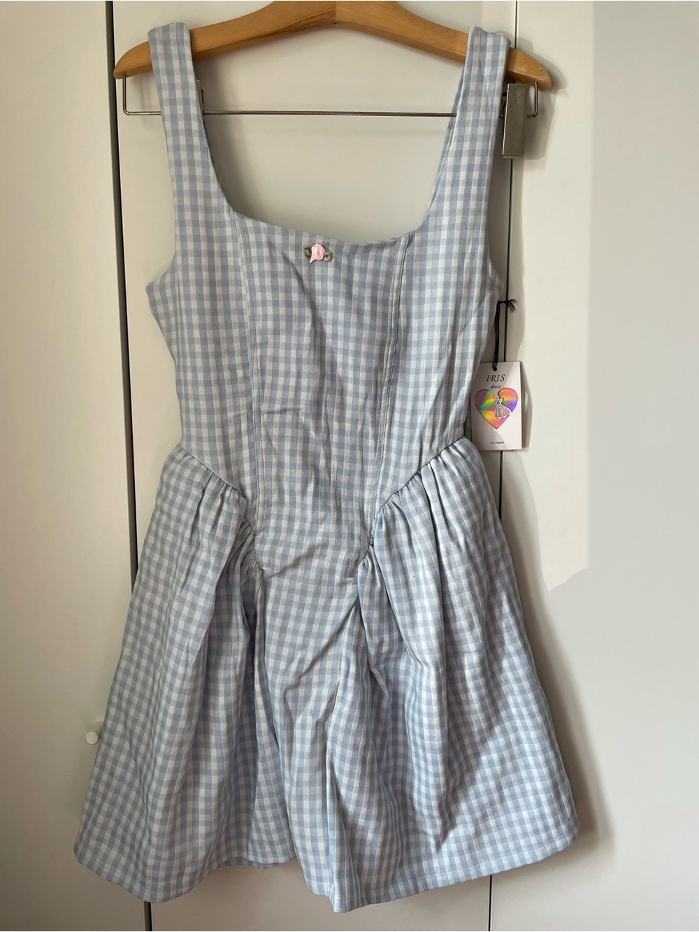 iris Light Blue Gingham Square-Neck Casual Dress